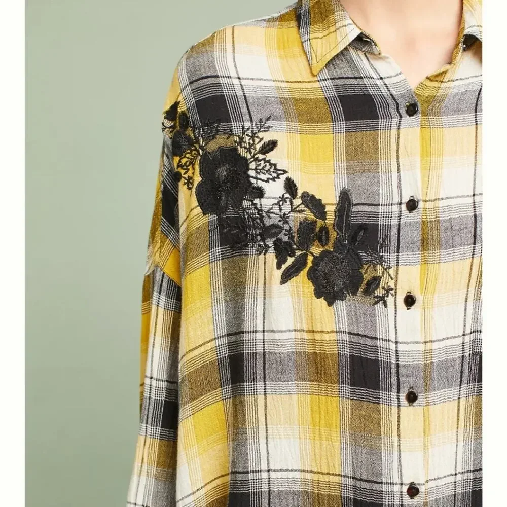 Maeve Anthropologie Plaid Flannel Tunic Floral Embroidered Oversized Shirt XS - Picture 12 of 12
